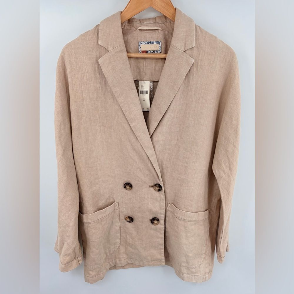 Pilcro Anthropologie women linen blend relaxed double breasted tan blazer XS NWT
